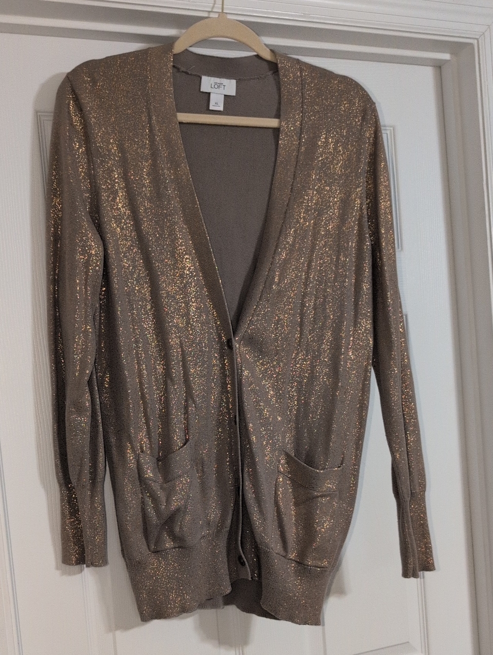 LOFT Metallic Taupe Shimmer Button Front Cardigan